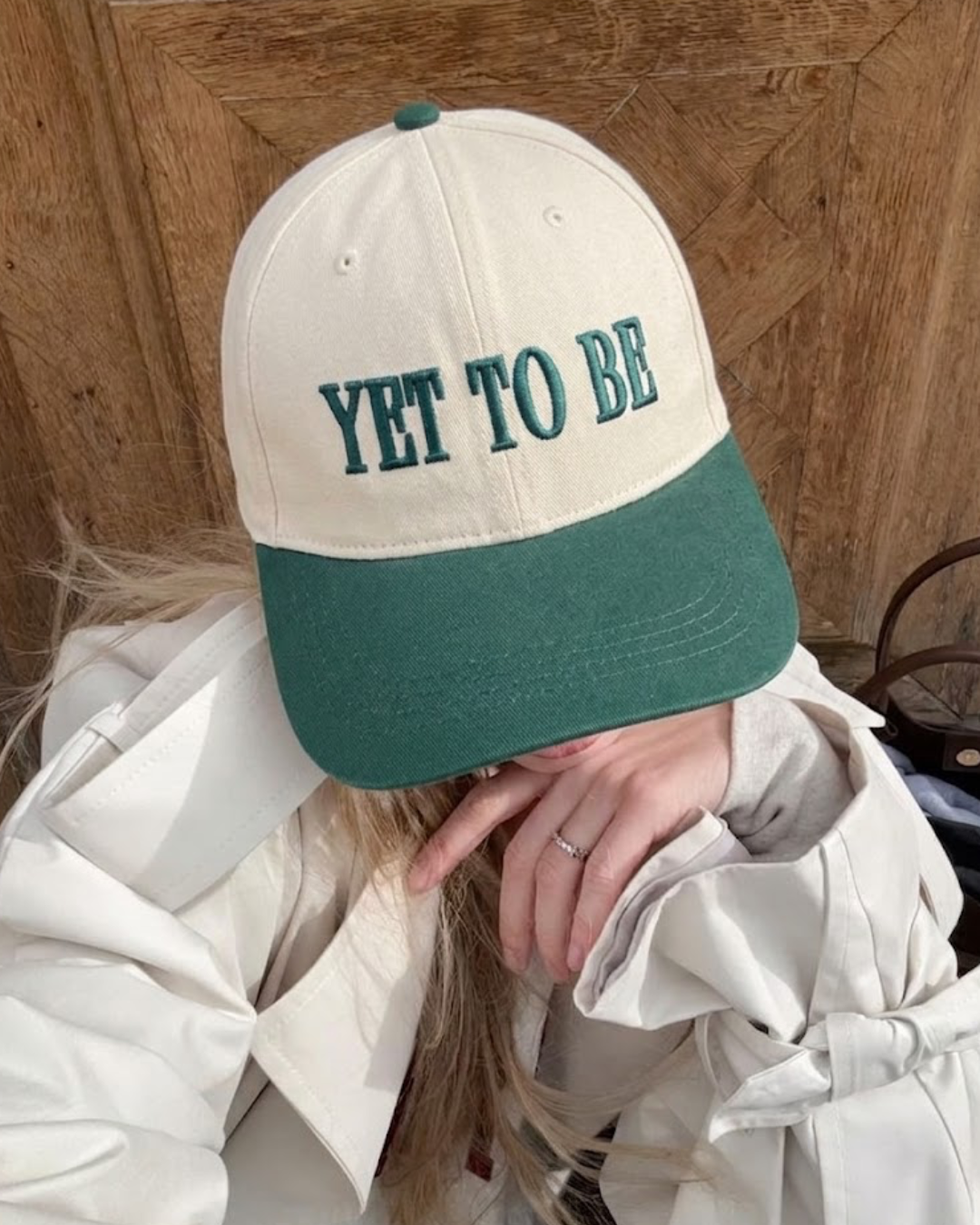 Green Yet To Be (YTB) streetwear cap, product flat lay