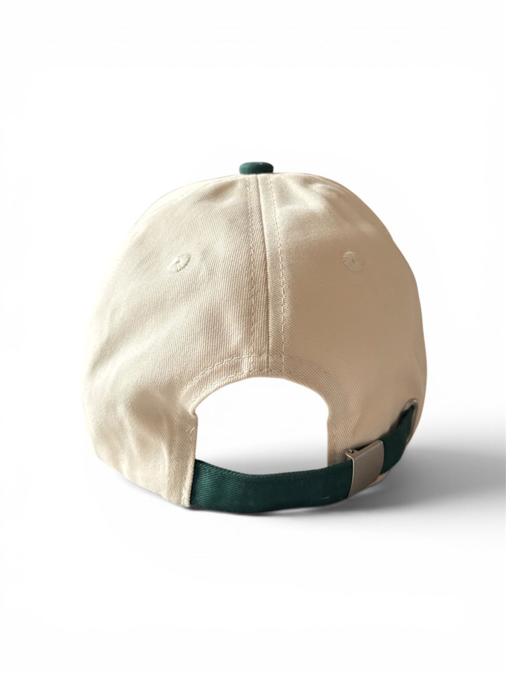 Cream and green Yet To Be baseball cap, back view, showing plain panel and adjustable strap